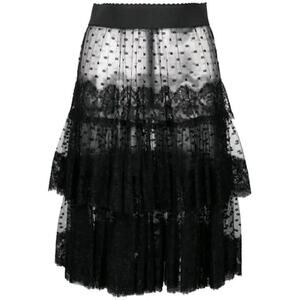 NWT Dolce & Gabbana Black Lace-trimmed Tiered Tulle Midi Skirt  IT 40 US S